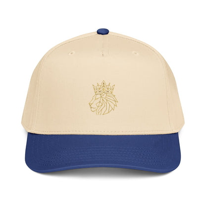 PUNJAB BOLDA beige and blue 5 panel cap with embroidered crowned lion logo on front panel. Polyester-cotton blend.