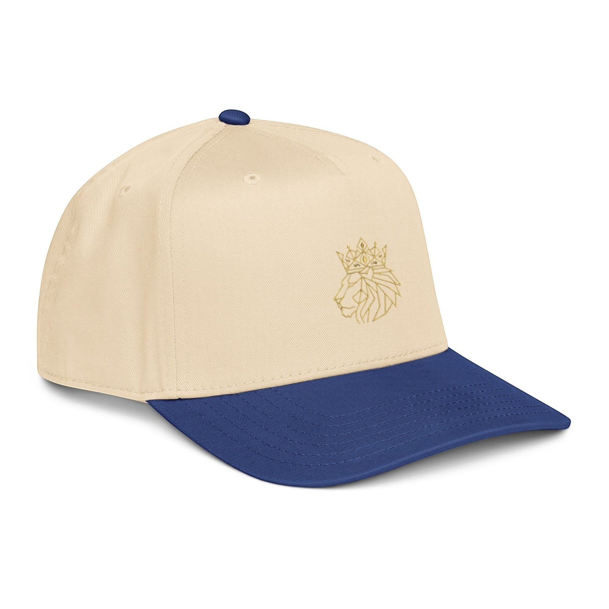 PUNJAB BOLDA beige and blue 5 panel cap with embroidered crowned lion logo on front panel. Polyester-cotton blend.