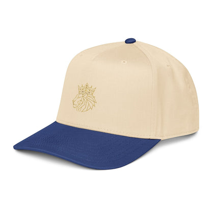 PUNJAB BOLDA crowned lion 5 panel cap in beige with blue visor and embroidered gold lion detail.