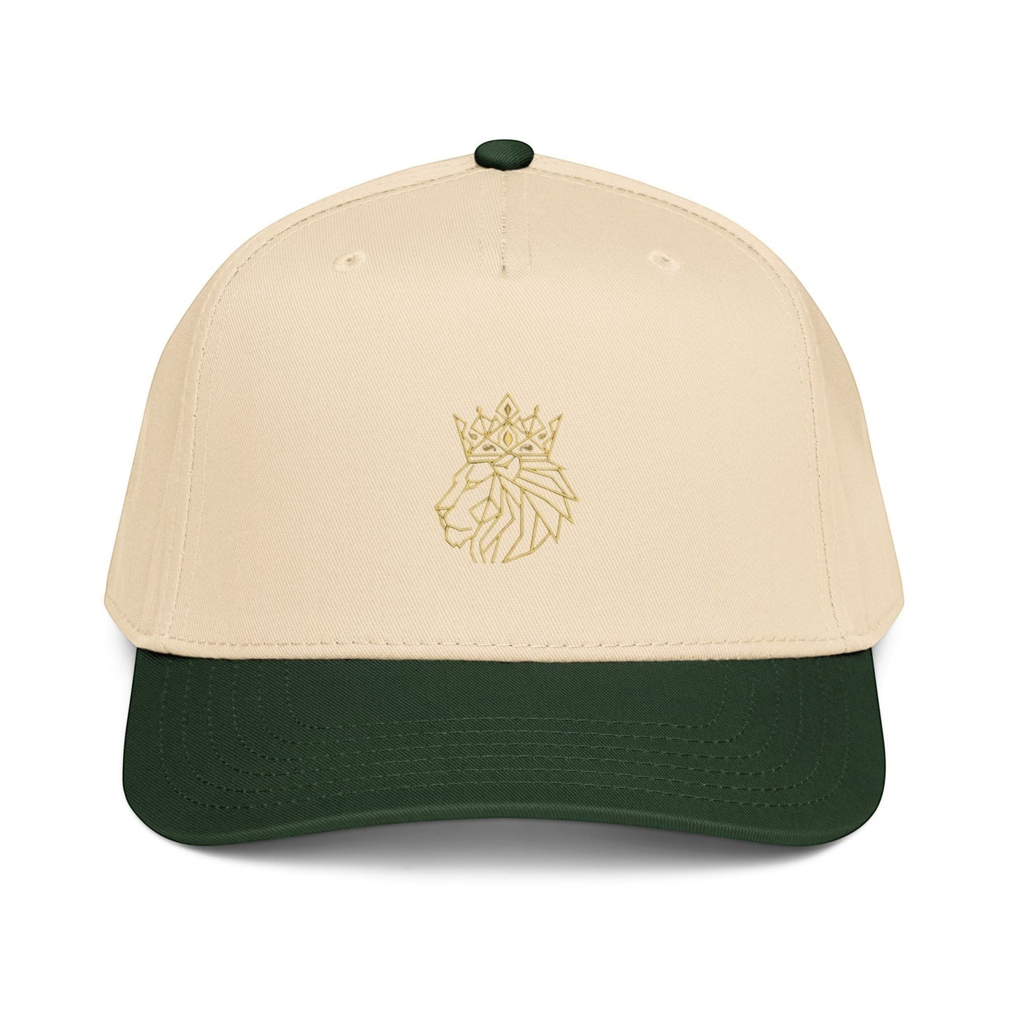PUNJAB BOLDA beige 5 panel cap with embroidered crowned lion logo and dark green visor. Polyester-cotton blend.