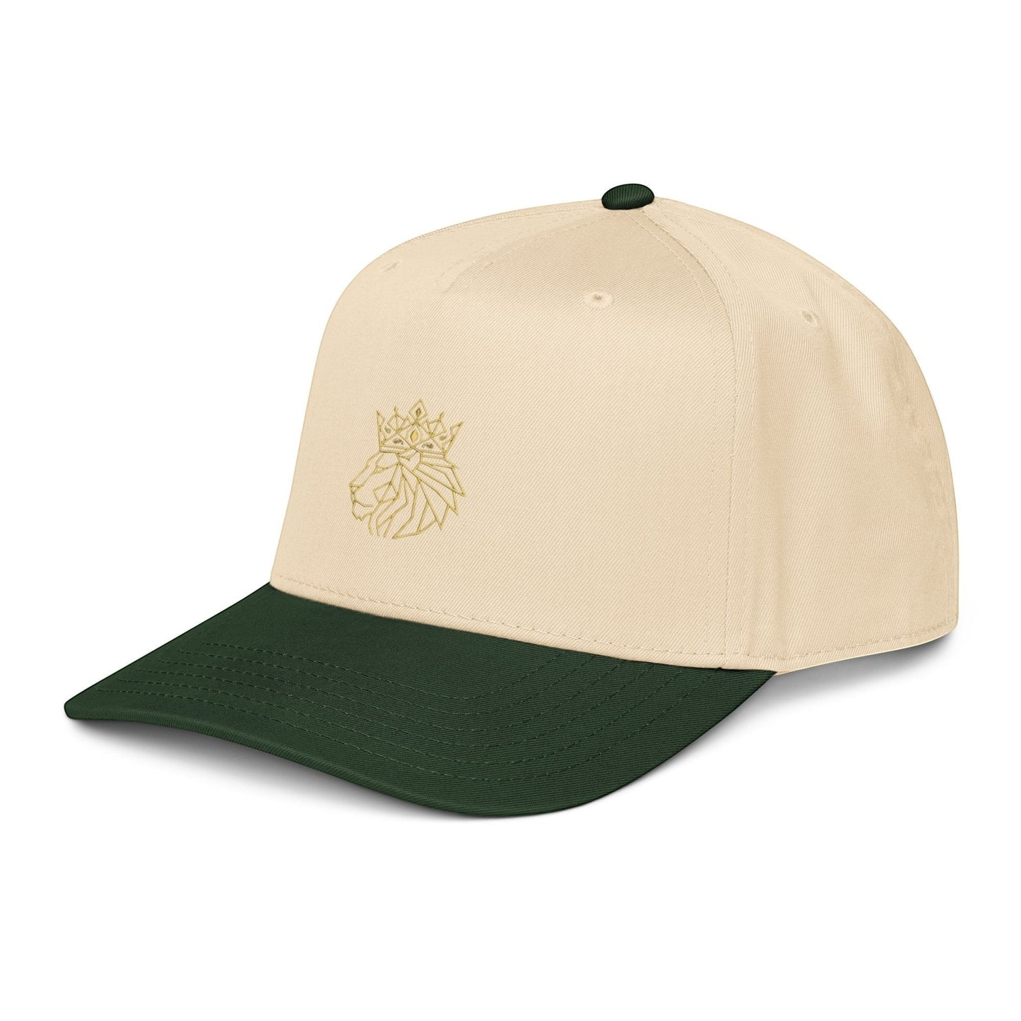 PUNJAB BOLDA crowned lion 5 panel cap in beige with dark green visor and embroidered gold lion graphic.