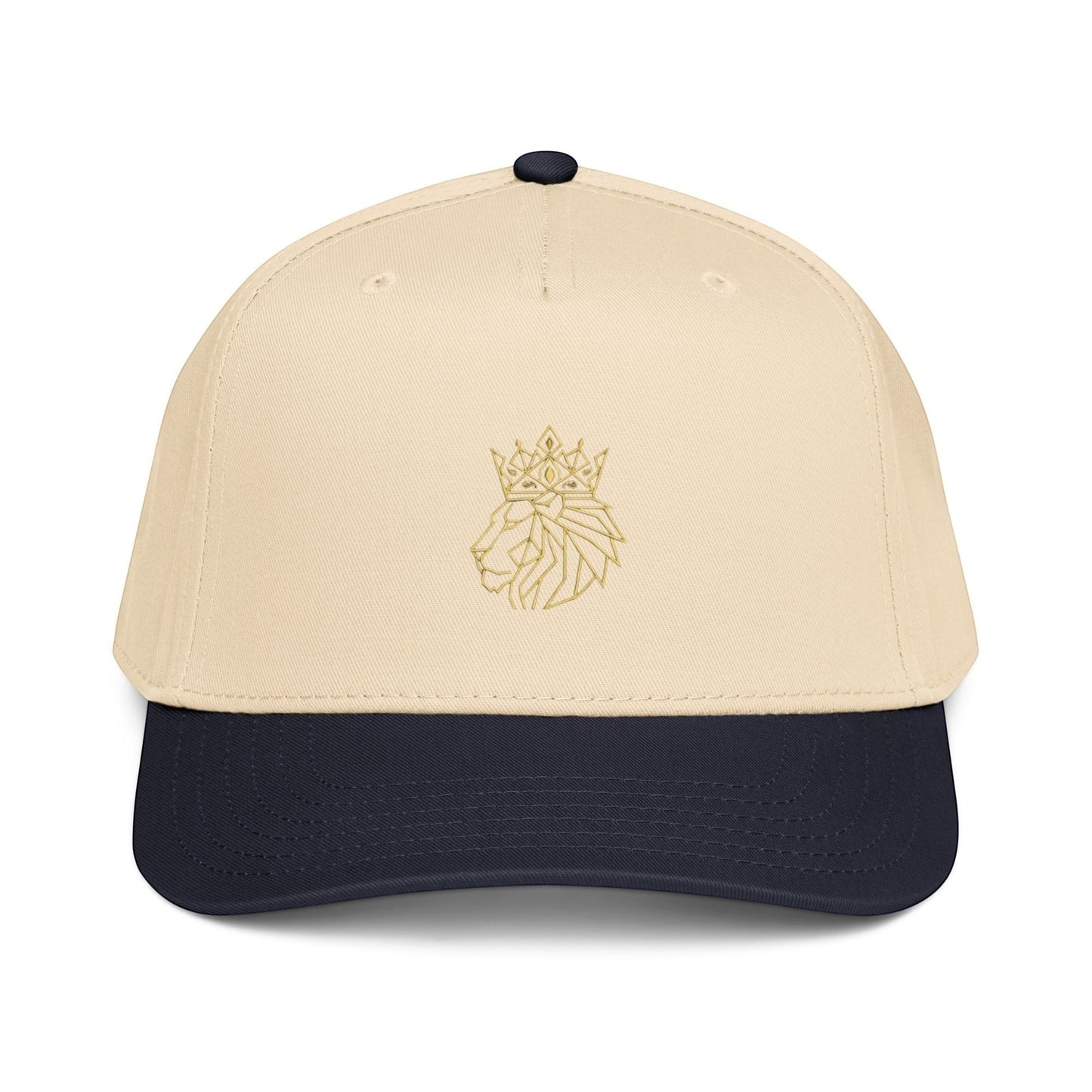 PUNJAB BOLDA beige and navy 5 panel cap with embroidered crowned lion logo on front panel.