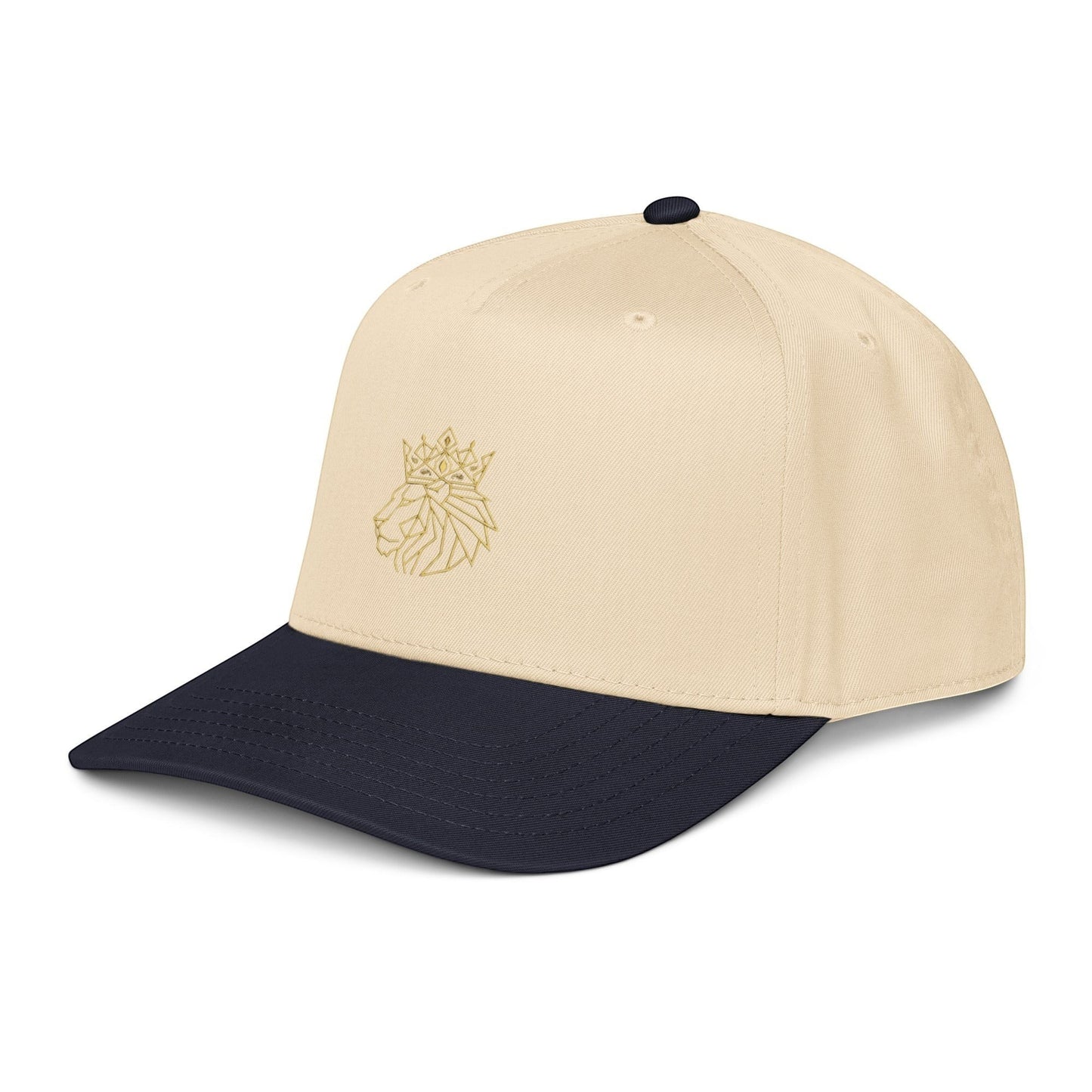 PUNJAB BOLDA crowned lion 5 panel cap in beige and navy blue with adjustable snap closure and curved visor.