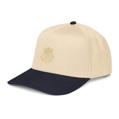 PUNJAB BOLDA crowned lion 5 panel cap in beige and navy blue with adjustable snap closure and curved visor.