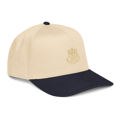 PUNJAB BOLDA crowned lion 5 panel cap in beige with navy brim and gold embroidered lion logo.