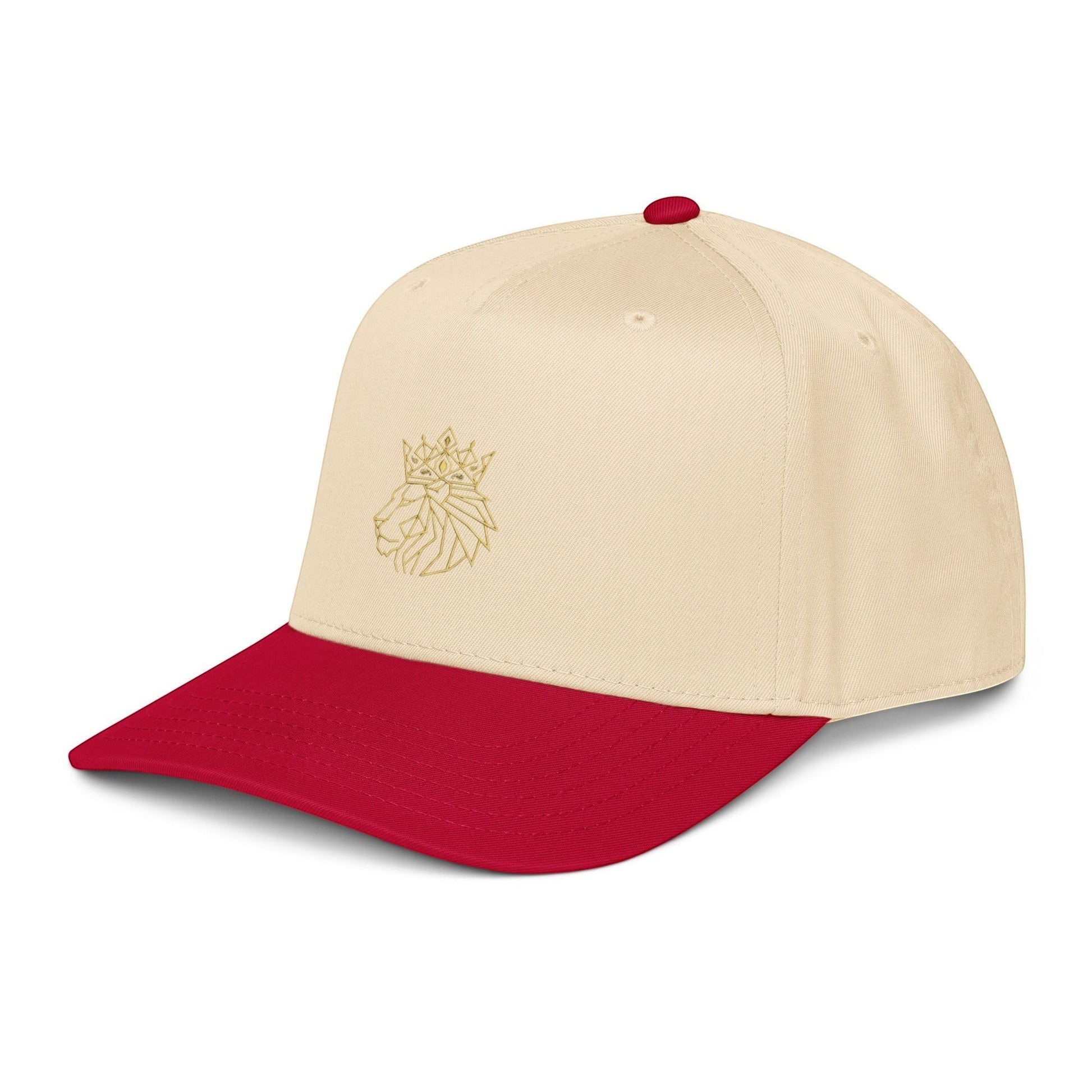 PUNJAB BOLDA beige and red 5 panel cap with embroidered crowned lion logo on front panel. Polyester-cotton blend.