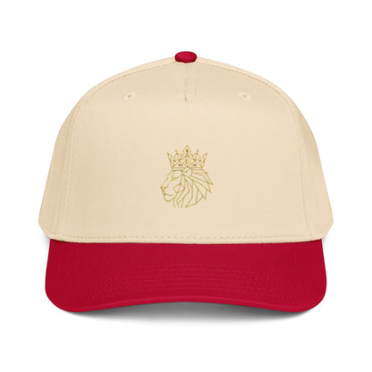 PUNJAB BOLDA crowned lion 5 panel cap in beige with red brim and gold embroidered lion logo