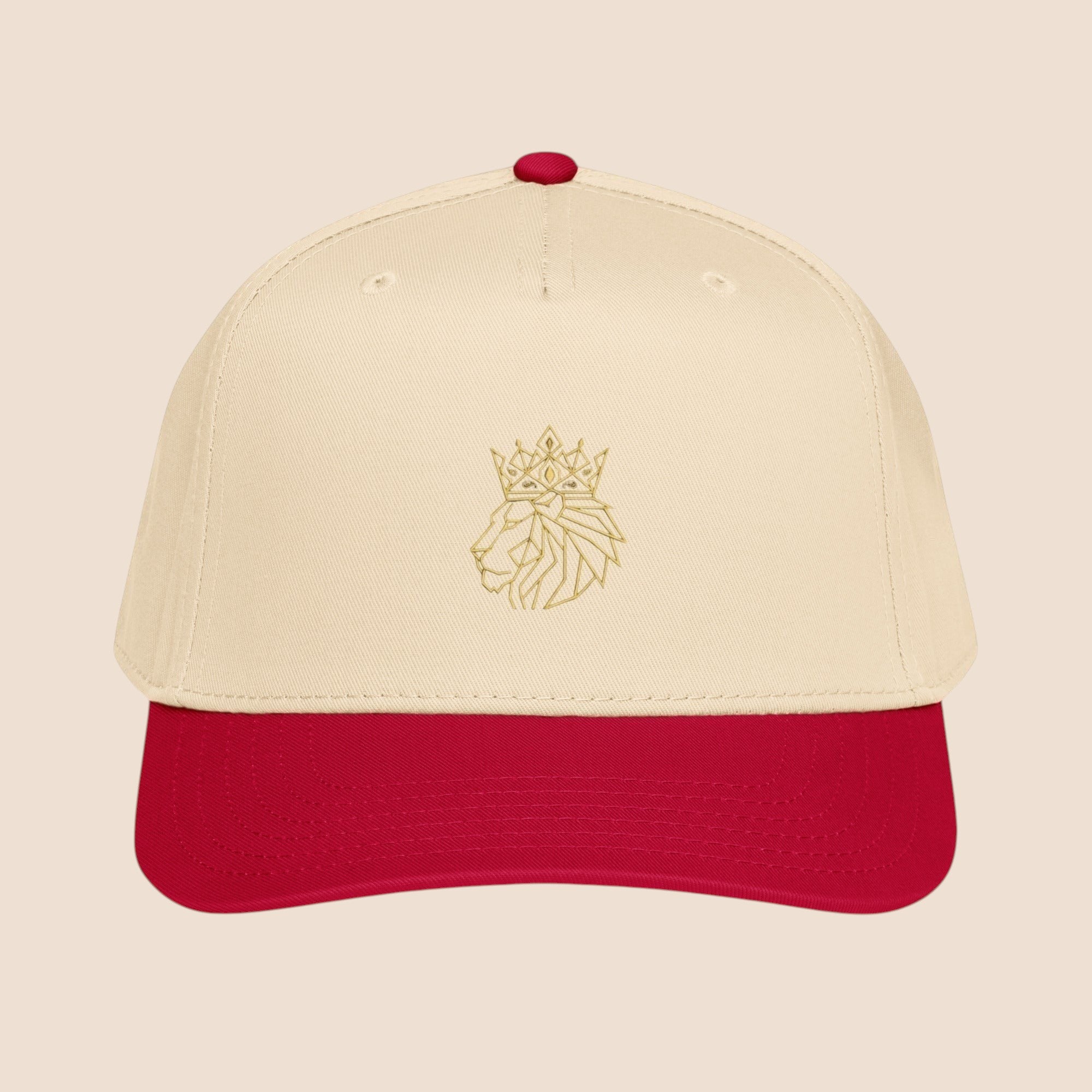 PUNJAB BOLDA crowned lion 5 panel cap in beige with red brim and gold embroidered lion logo