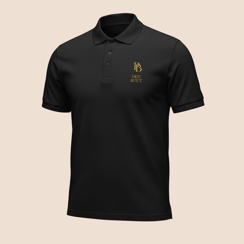 PUNJAB BOLDA black DESI BUILT premium pique polo shirt with gold logo embroidery and 3-button placket.