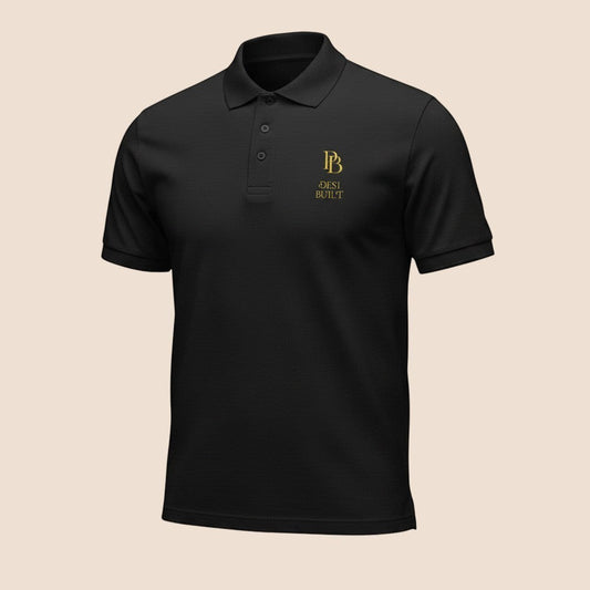PUNJAB BOLDA black DESI BUILT premium pique polo shirt with gold logo embroidery and 3-button placket.