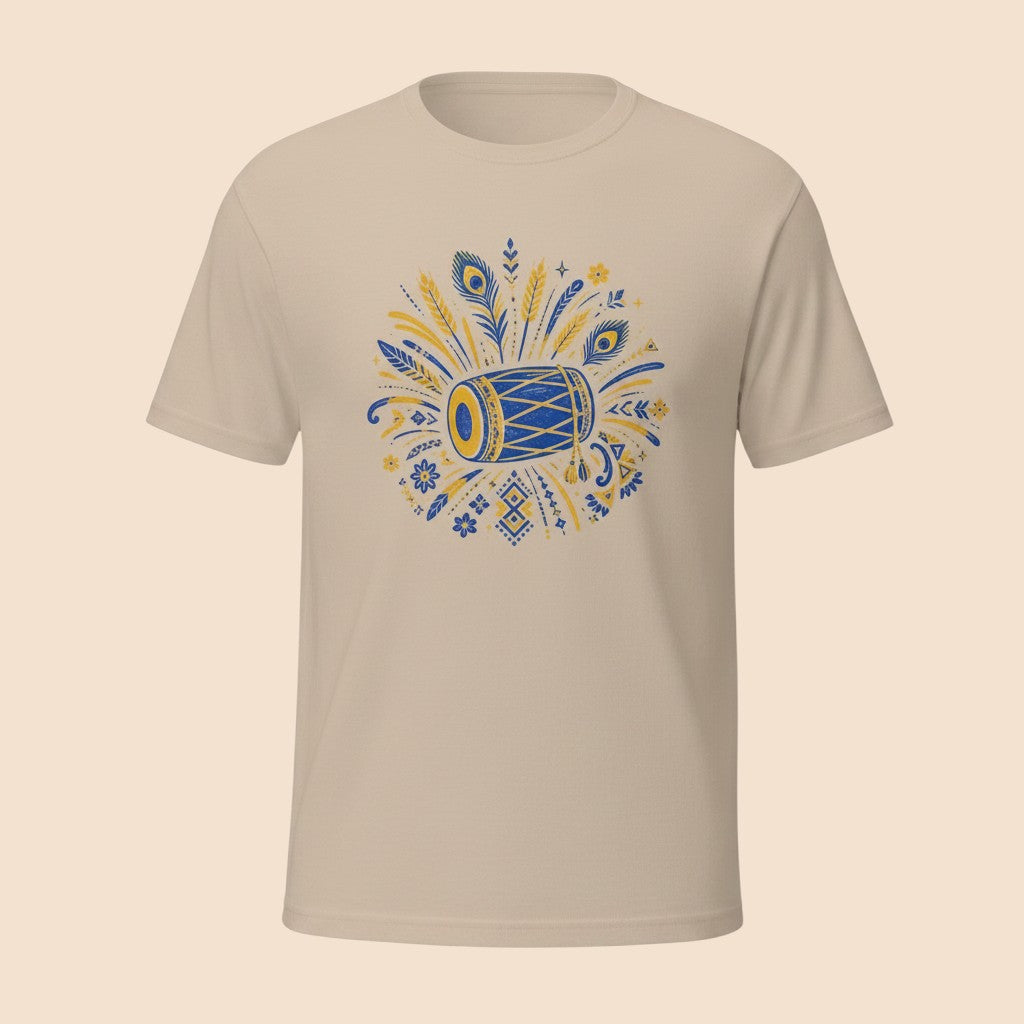 PUNJAB BOLDA unisex cotton tee in beige with a blue and yellow dhol drum graphic and traditional cultural motifs.