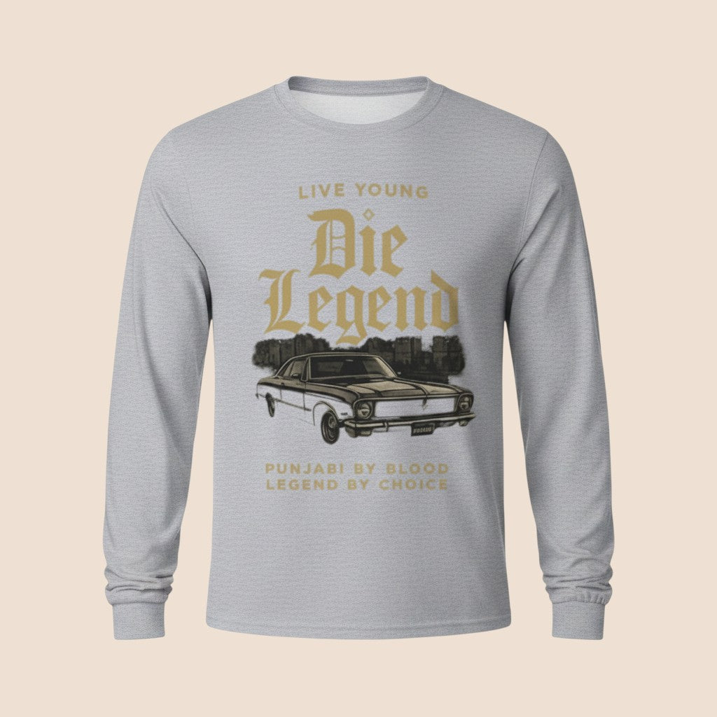 PUNJAB BOLDA grey long sleeve cotton shirt with Die Legend car graphic and text print on front