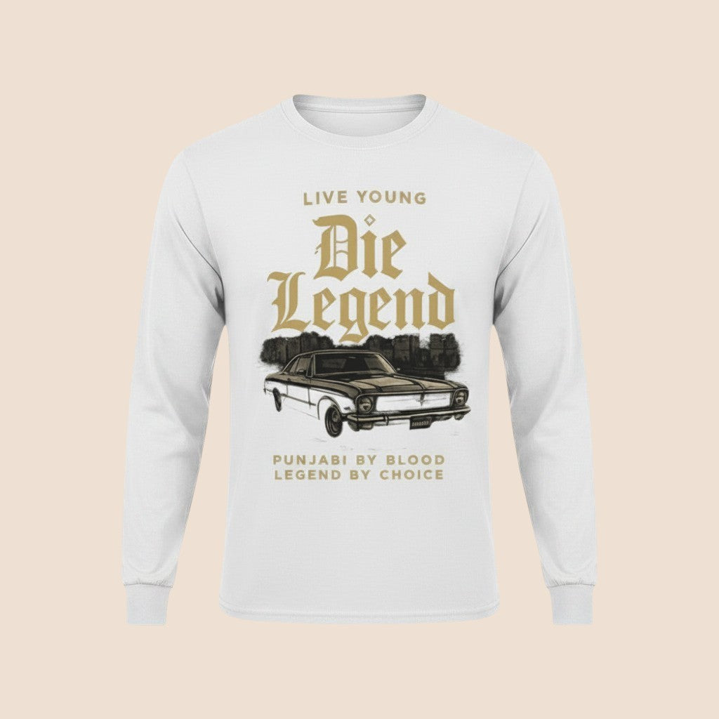 PUNJAB BOLDA white long sleeve cotton shirt with Die Legend graphic print featuring a vintage car illustration.