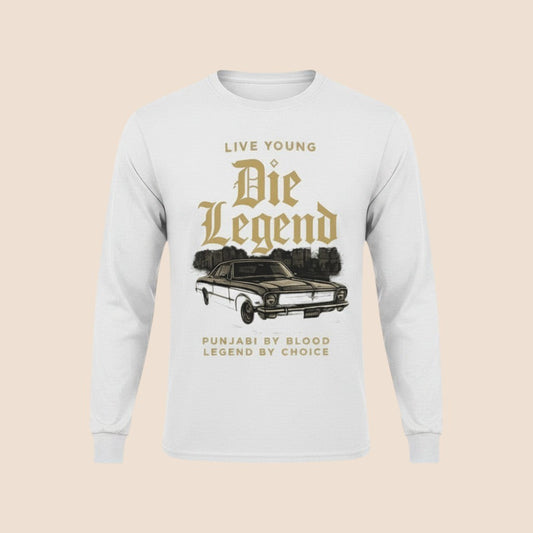 PUNJAB BOLDA white long sleeve cotton shirt with Die Legend graphic print featuring a vintage car illustration.