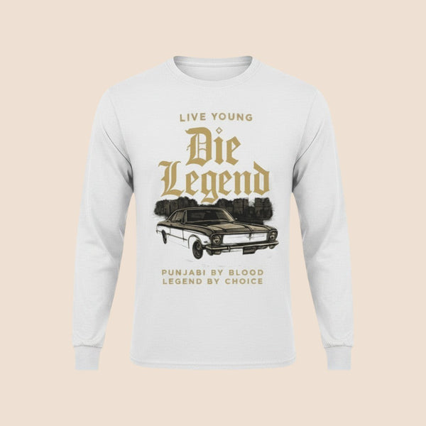 PUNJAB BOLDA white long sleeve cotton shirt with Die Legend graphic print featuring a vintage car illustration.
