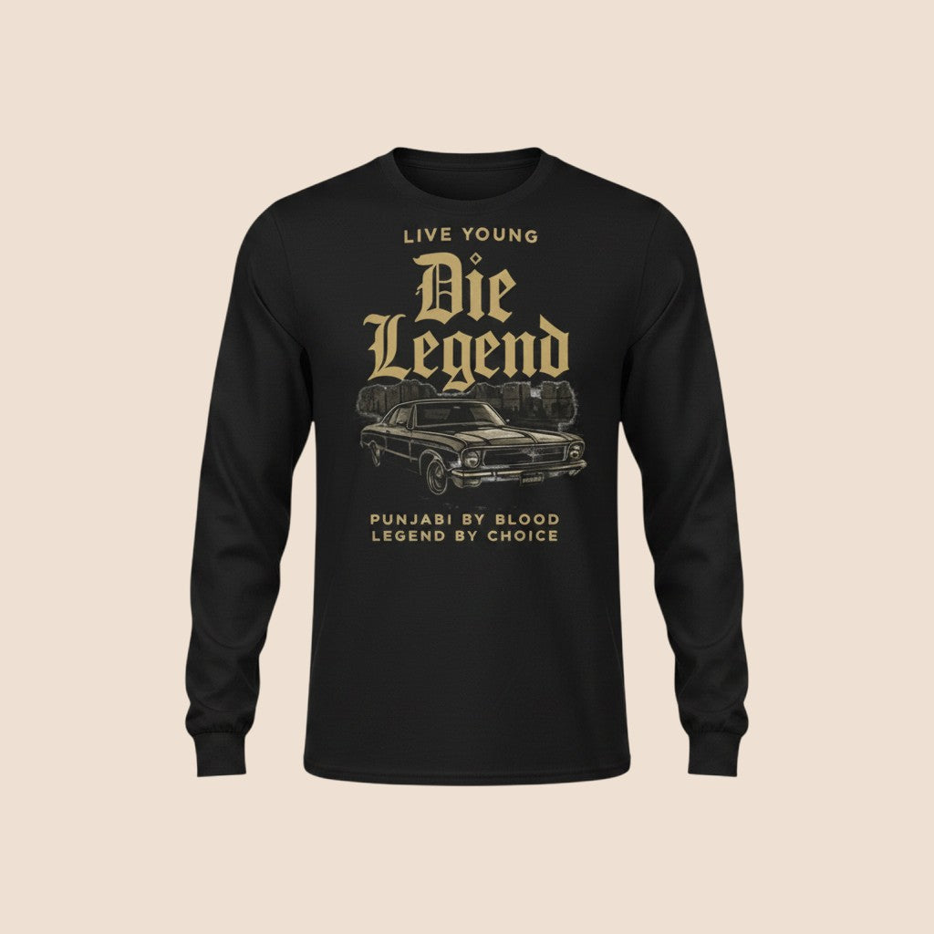 PUNJAB BOLDA black cotton long sleeve shirt with vintage car graphic and Die Legend text print.