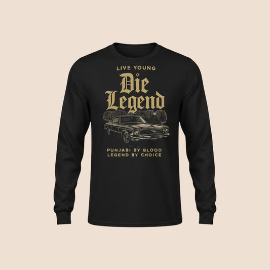 PUNJAB BOLDA black cotton long sleeve shirt with vintage car graphic and Die Legend text print.