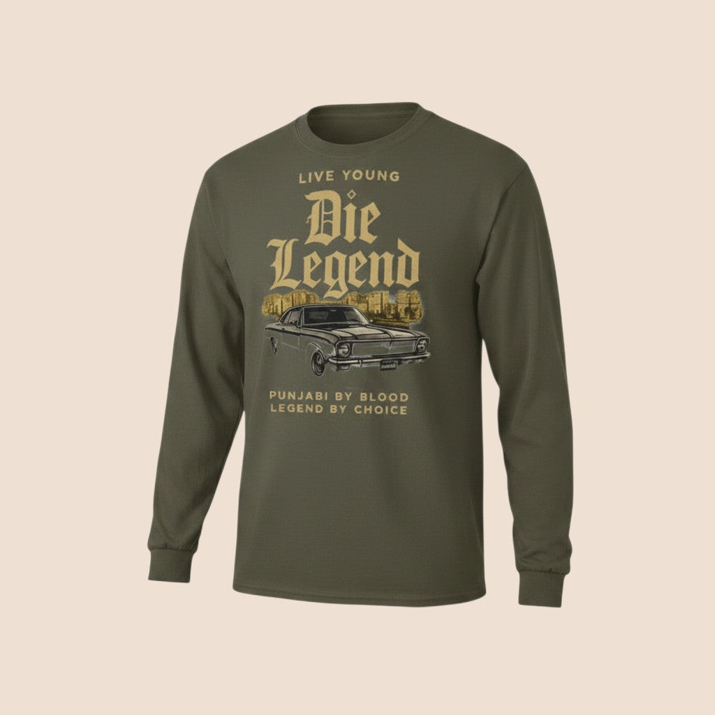 PUNJAB BOLDA olive green long sleeve cotton shirt featuring a vintage car graphic and Die Legend text print.