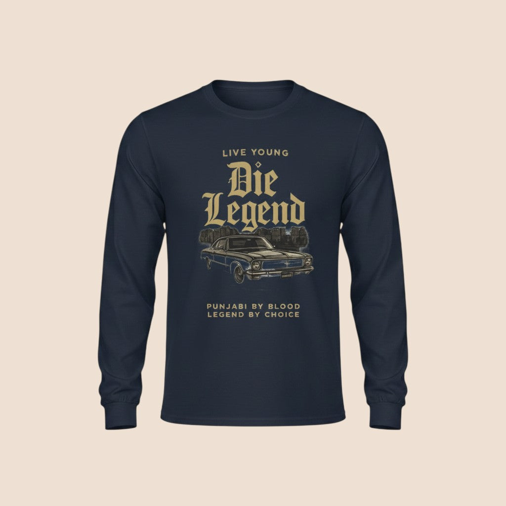 PUNJAB BOLDA navy blue long sleeve cotton shirt featuring a vintage car graphic and DIE LEGEND text print.