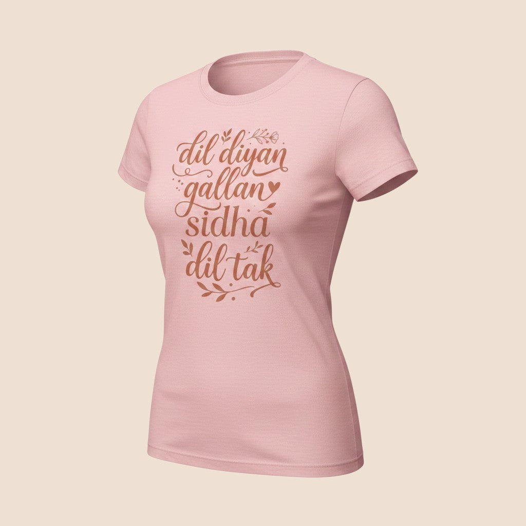 PUNJAB BOLDA light pink unisex classic cotton tee featuring Dil Diyan Gallan calligraphy print in brown.