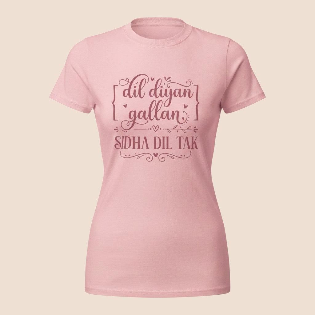 PUNJAB BOLDA light pink unisex cotton t-shirt featuring Dil Diyan Gallan Sidha Dil Tak graphic print.