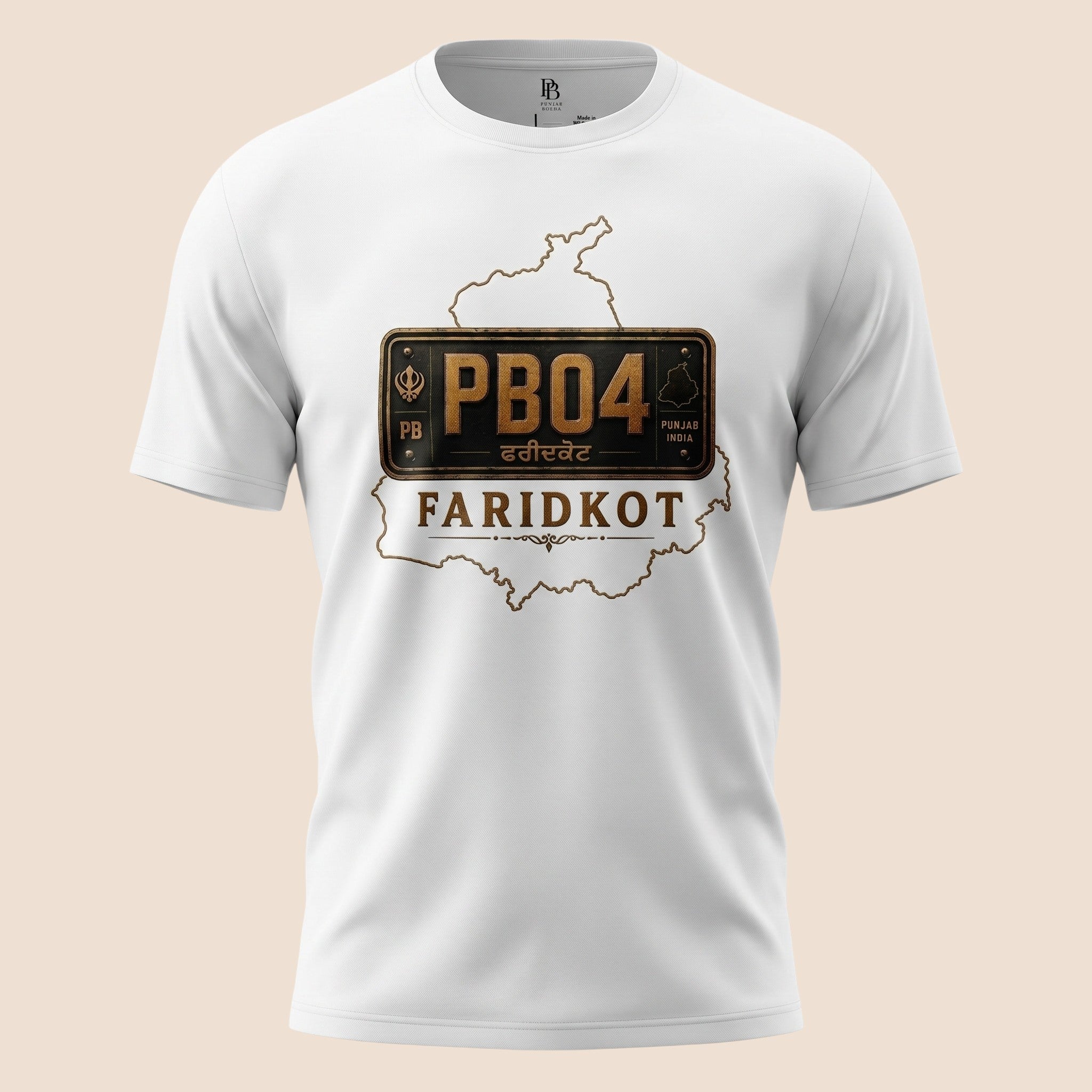 PUNJAB BOLDA white unisex classic tee featuring a graphic of a PB04 Faridkot license plate and Punjab map outline.