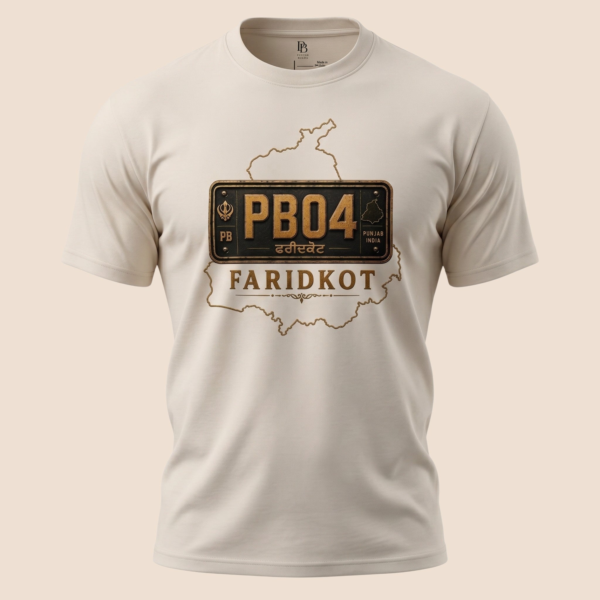 PUNJAB BOLDA beige unisex classic tee featuring a PB04 Faridkot district license plate graphic design.