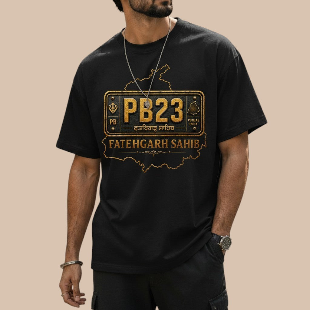 PUNJAB BOLDA black unisex classic tee with Fatehgarh Sahib district map graphic and PB23 license plate design.