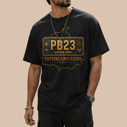 PUNJAB BOLDA black unisex classic tee with Fatehgarh Sahib district map graphic and PB23 license plate design.