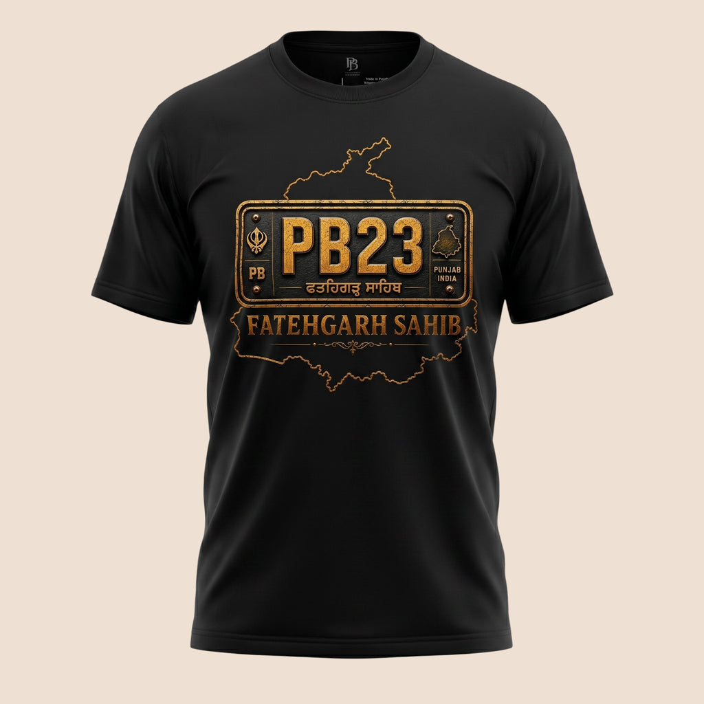 PUNJAB BOLDA black unisex classic tee featuring a gold PB23 Fatehgarh Sahib district graphic and heritage design.