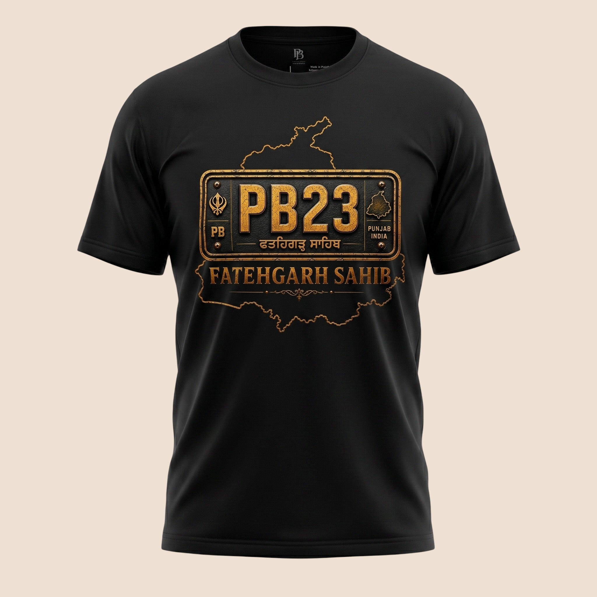 PUNJAB BOLDA black unisex classic tee featuring a gold PB23 Fatehgarh Sahib district graphic and heritage design.