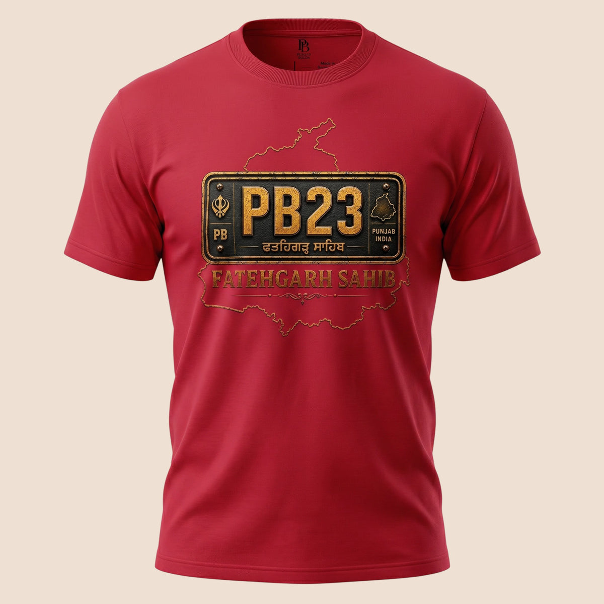 PUNJAB BOLDA red unisex classic tee featuring a vintage PB23 Fatehgarh Sahib license plate graphic design.