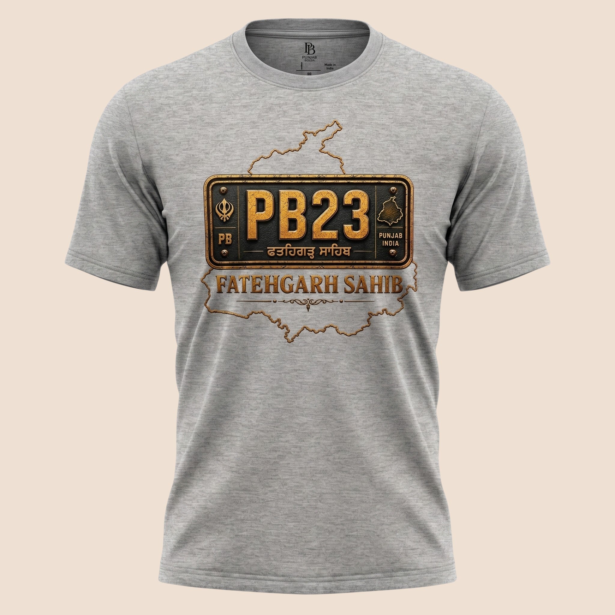 PUNJAB BOLDA grey unisex classic tee featuring a Fatehgarh Sahib PB23 license plate graphic and district map design.
