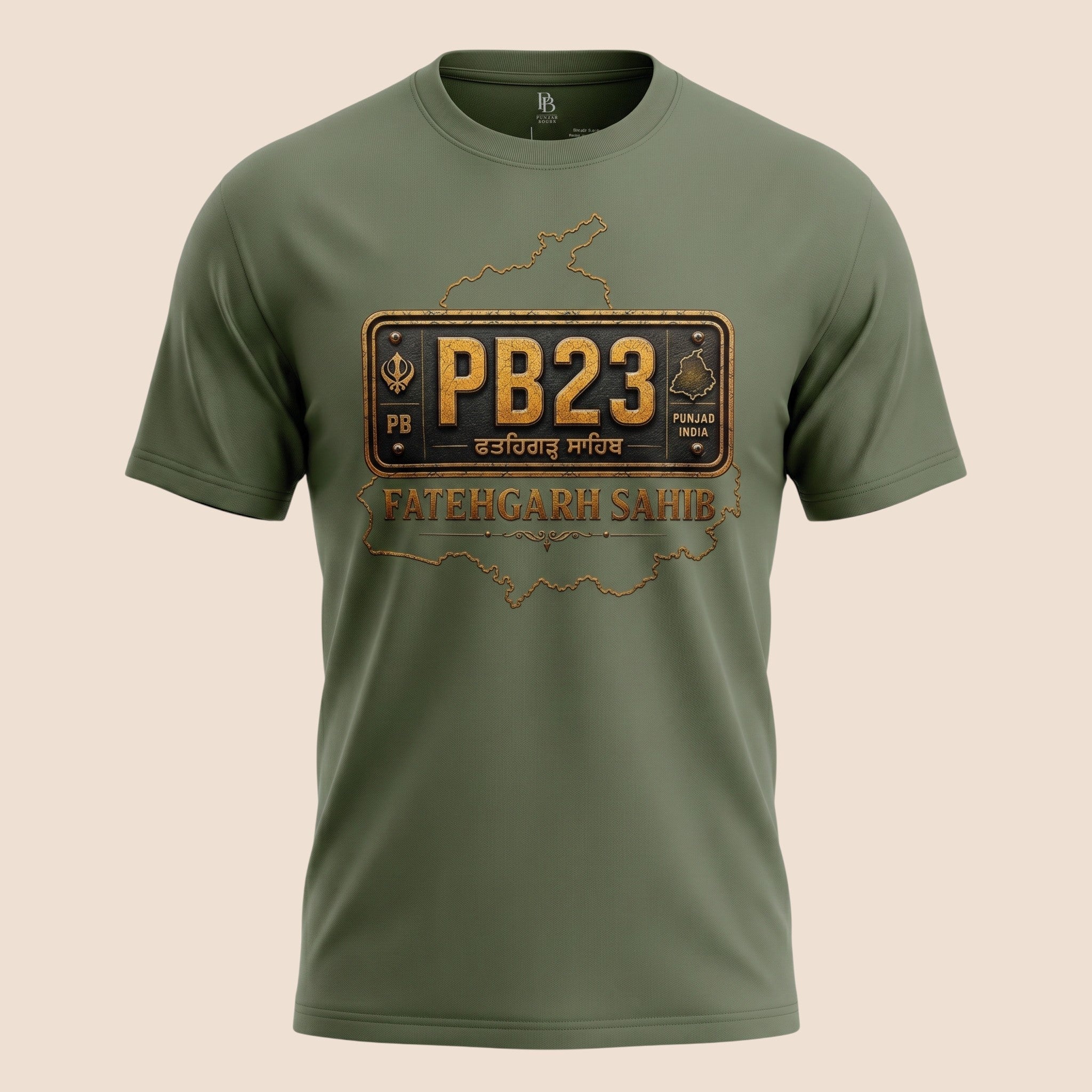 PUNJAB BOLDA olive green unisex classic tee featuring a Fatehgarh Sahib PB23 district license plate graphic design.