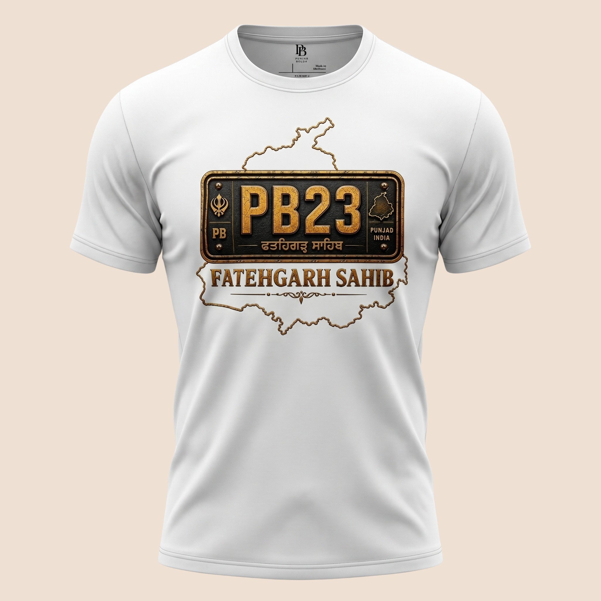 PUNJAB BOLDA white unisex classic tee featuring a Fatehgarh Sahib PB23 license plate graphic and district map.