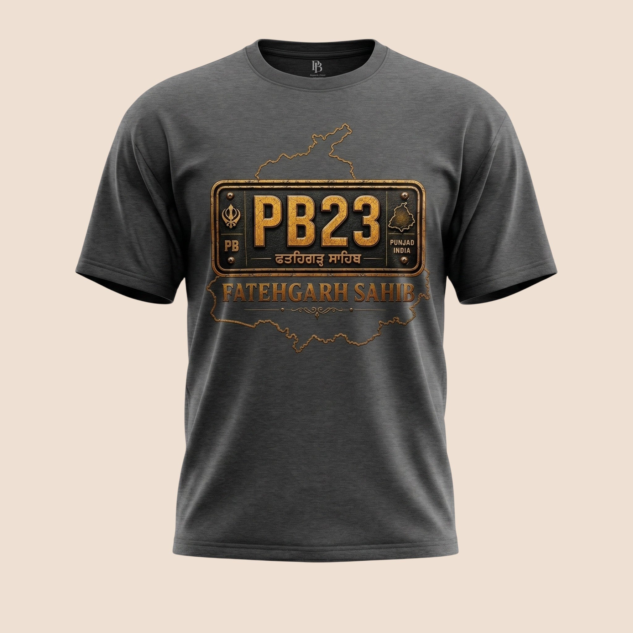 PUNJAB BOLDA unisex grey classic tee featuring a vintage PB23 Fatehgarh Sahib license plate graphic design.