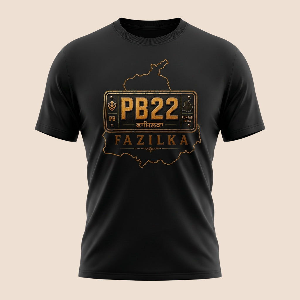 PUNJAB BOLDA black unisex classic tee featuring a gold PB22 Fazilka district license plate graphic design.