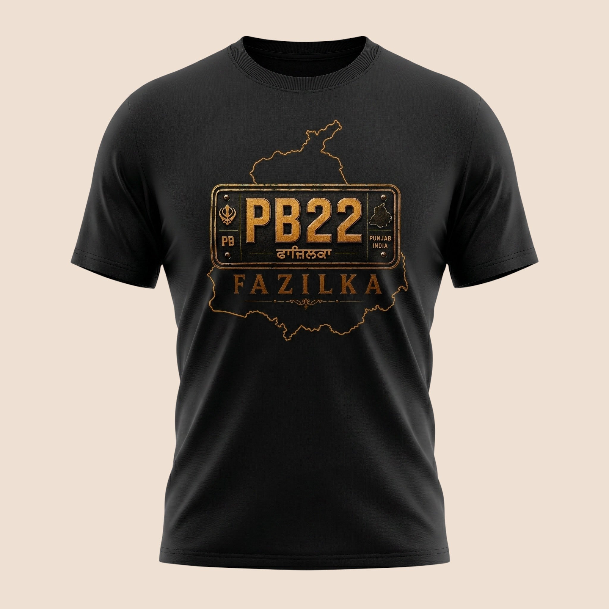 PUNJAB BOLDA black unisex classic tee featuring a gold PB22 Fazilka district license plate graphic design.