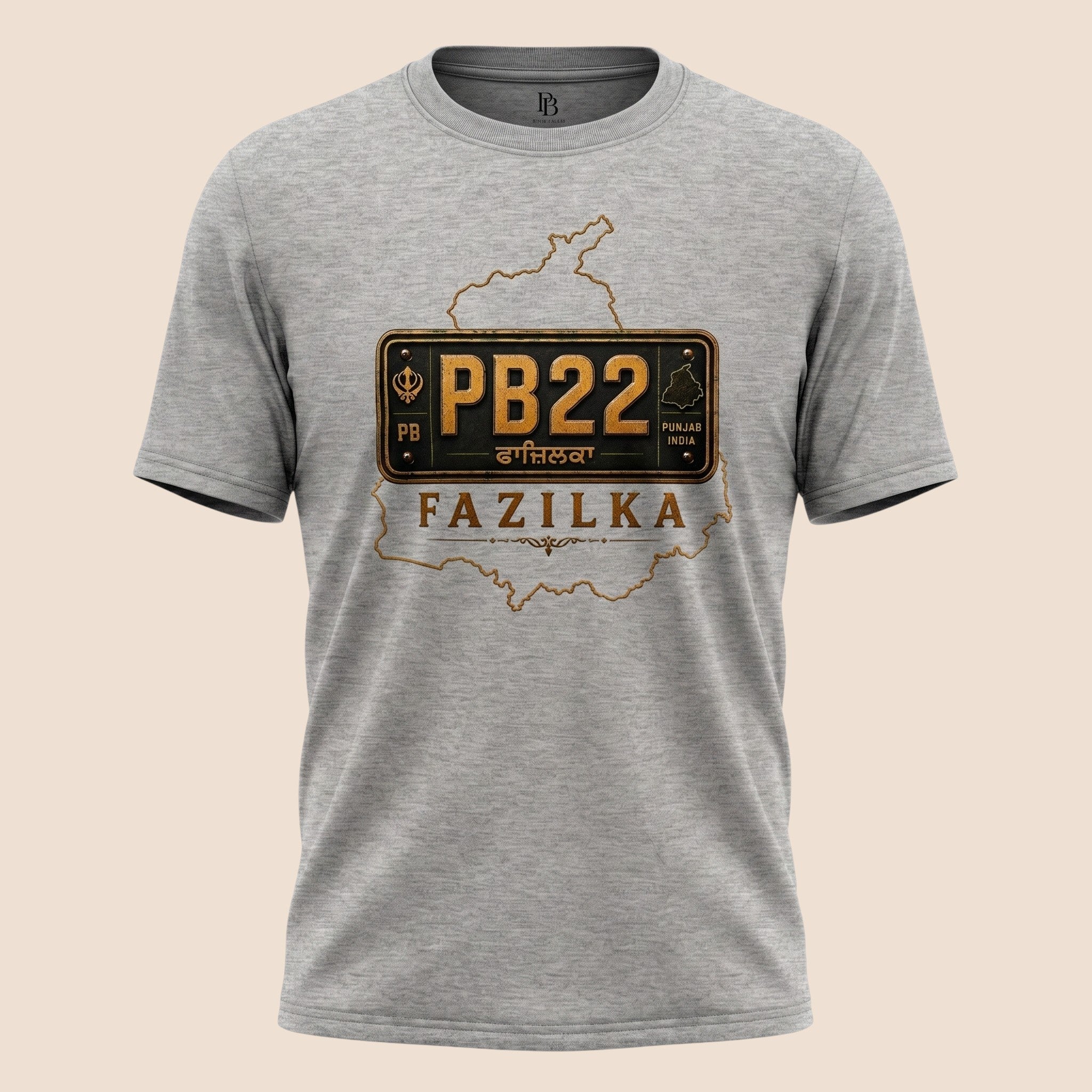 PUNJAB BOLDA grey unisex classic tee featuring a PB22 Fazilka district license plate graphic and Punjab map outline.