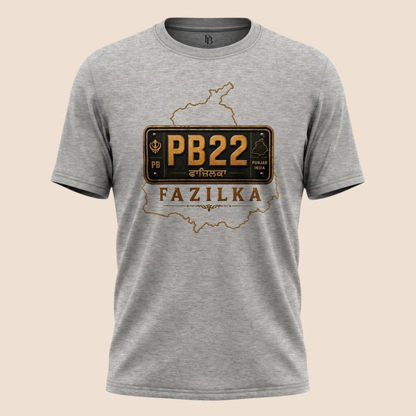 PUNJAB BOLDA grey unisex classic tee featuring a PB22 Fazilka district license plate graphic and Punjab map outline.