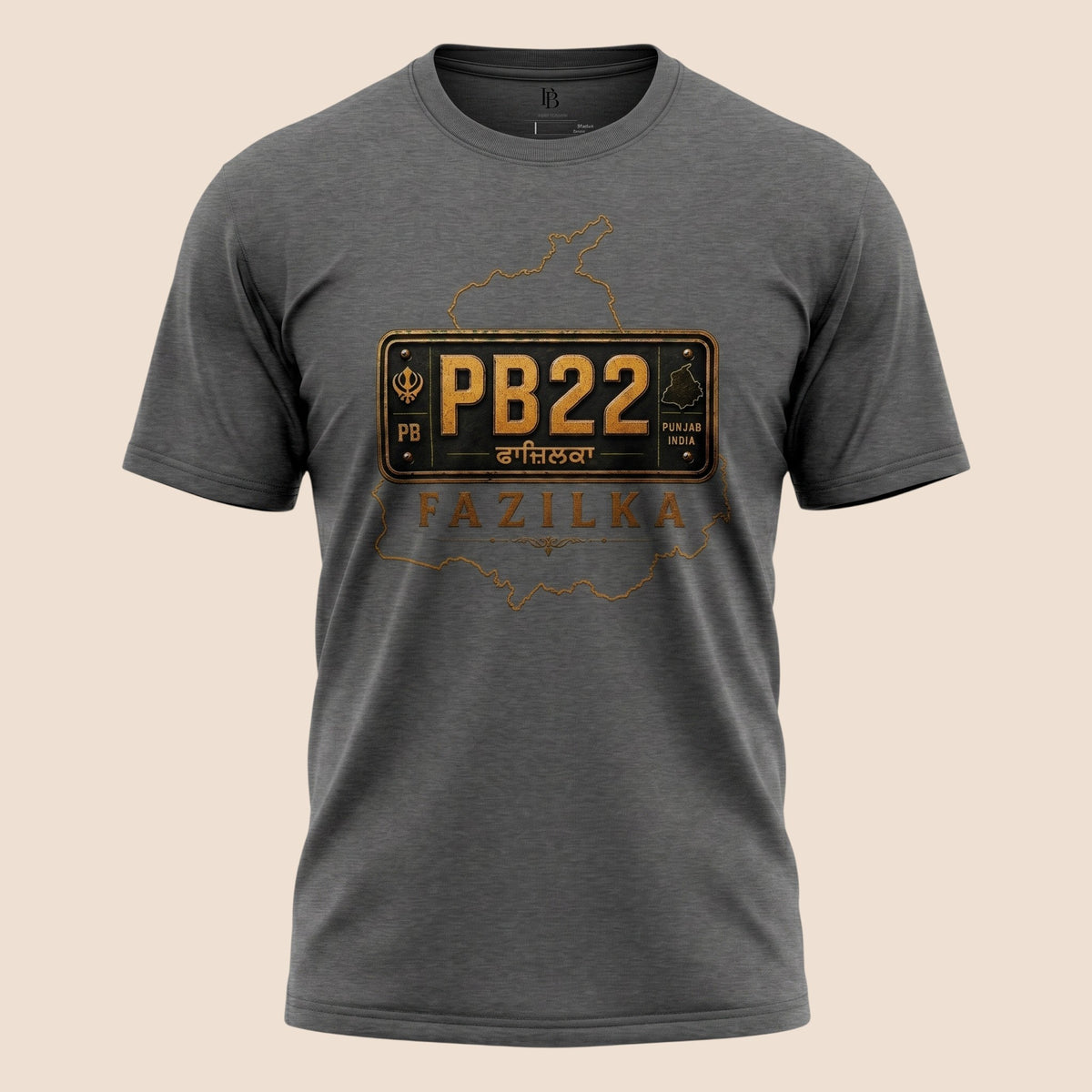 PUNJAB BOLDA charcoal grey unisex classic tee featuring a PB22 Fazilka district graphic and Punjab map outline.