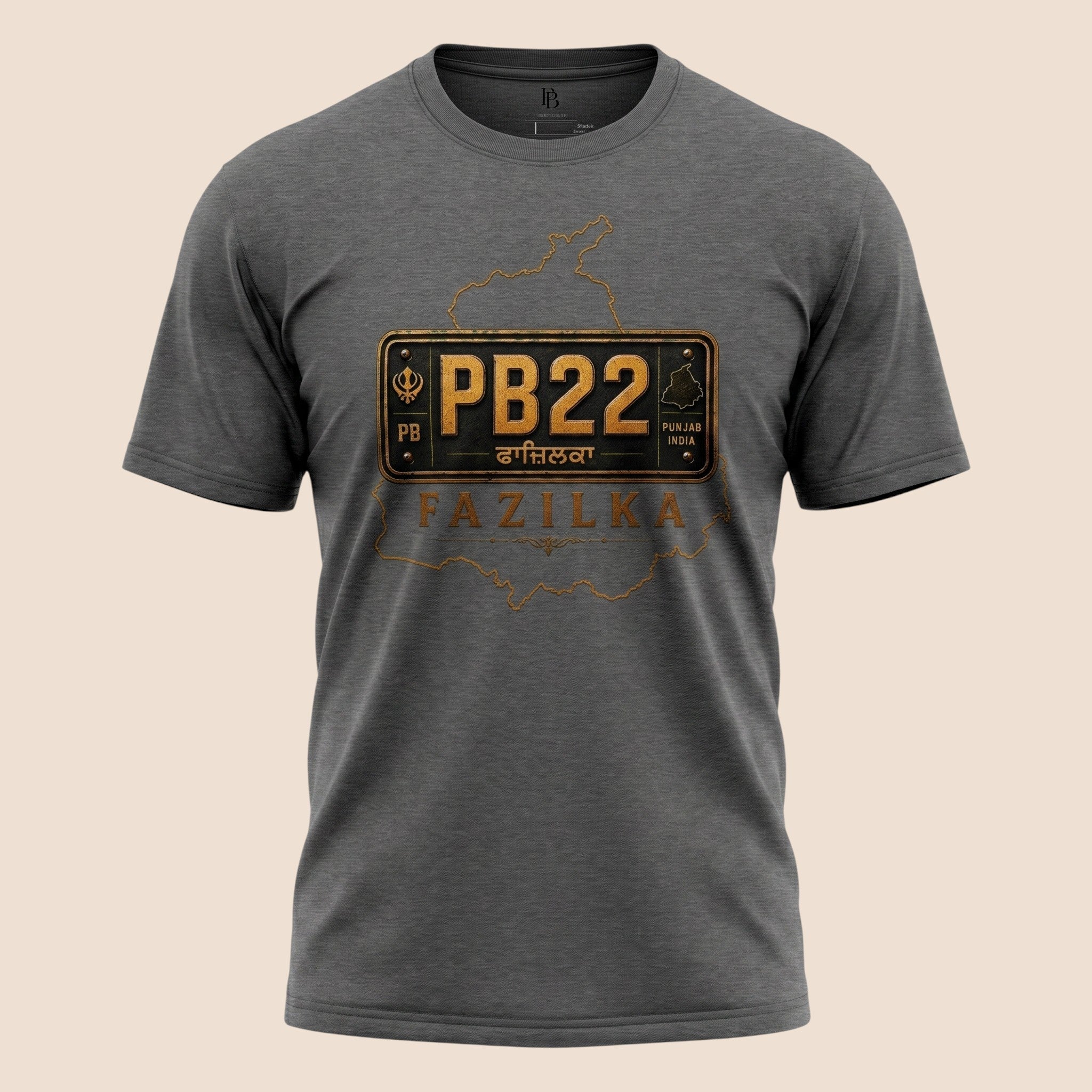 PUNJAB BOLDA charcoal grey unisex classic tee featuring a PB22 Fazilka district graphic and Punjab map outline.