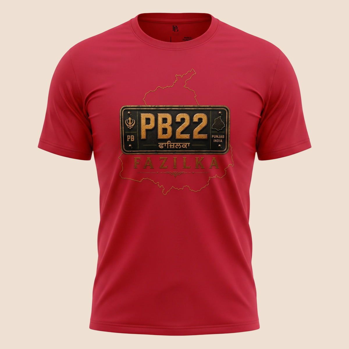 PUNJAB BOLDA red unisex classic tee featuring a PB22 Fazilka district license plate graphic and Punjab map outline.