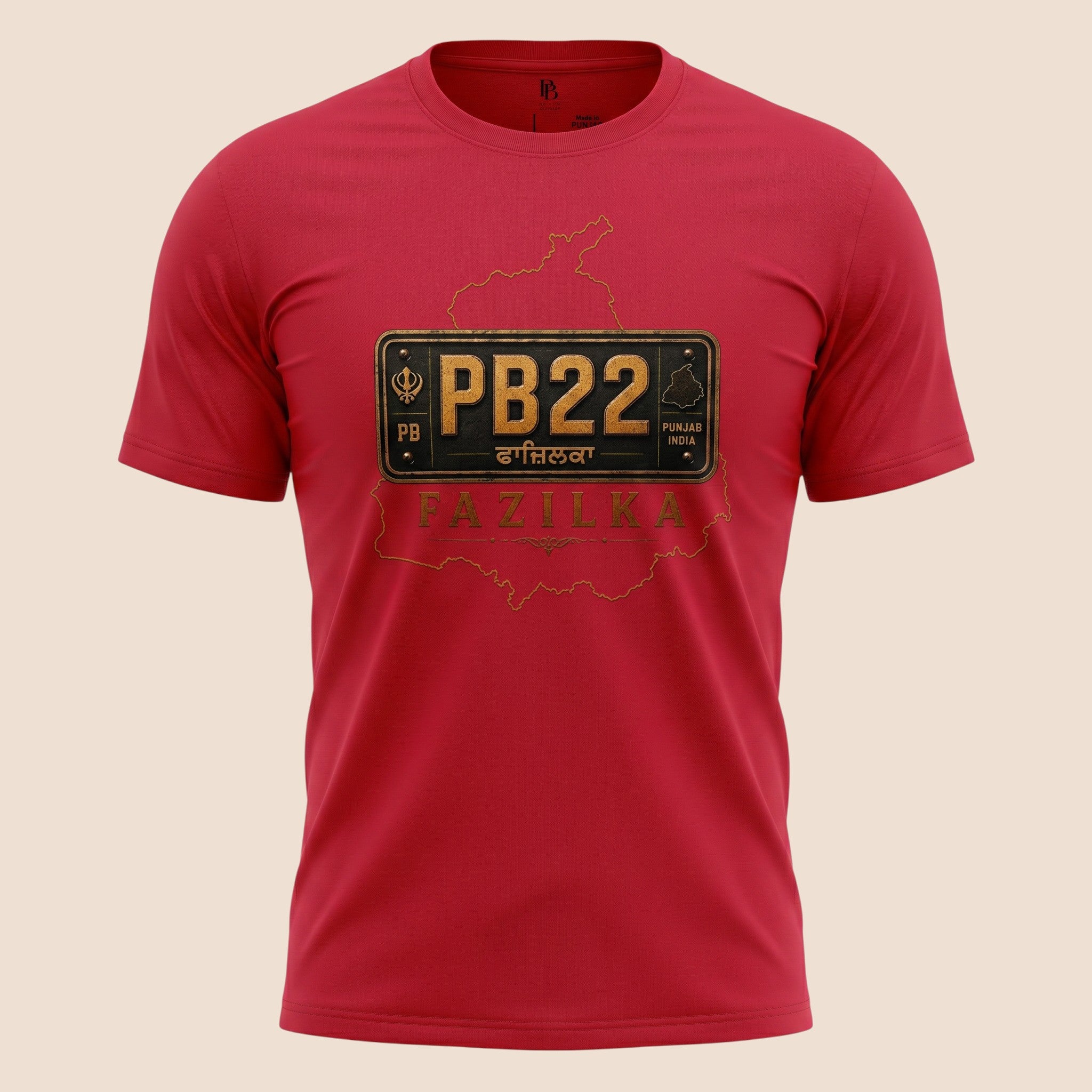 PUNJAB BOLDA red unisex classic tee featuring a PB22 Fazilka district license plate graphic and Punjab map outline.