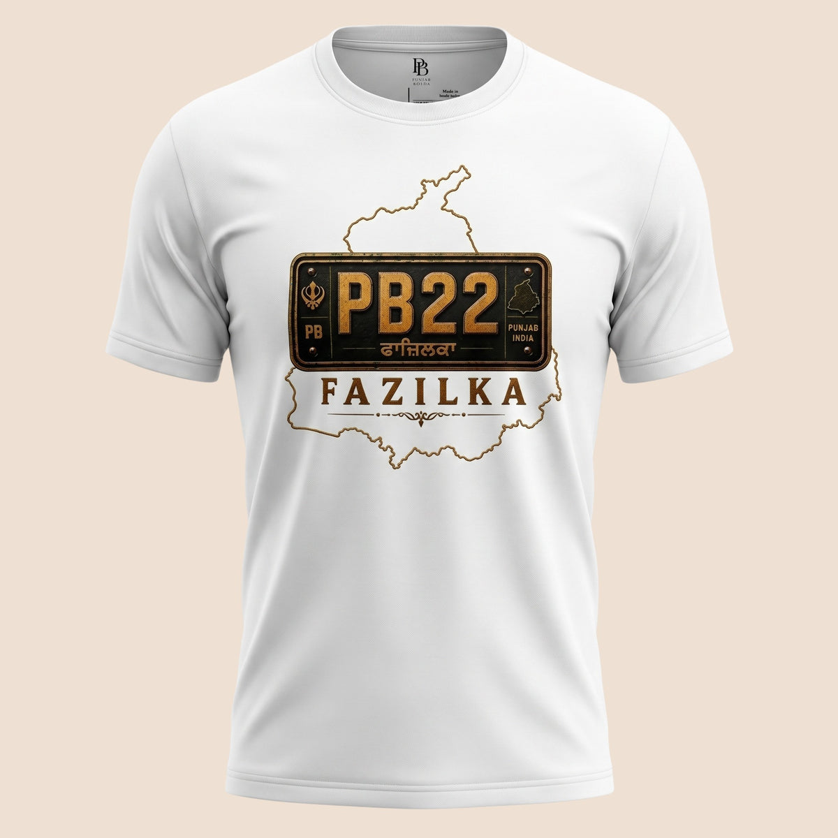 PUNJAB BOLDA white unisex classic tee featuring a Fazilka PB22 district license plate graphic and Punjab map outline.