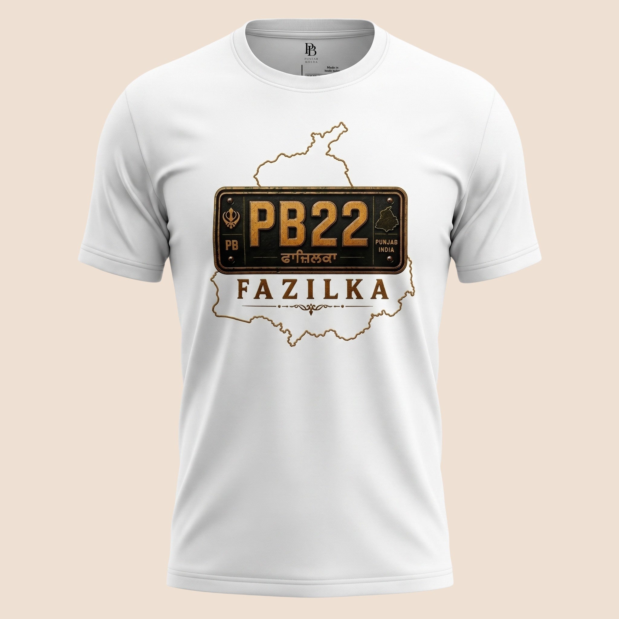 PUNJAB BOLDA white unisex classic tee featuring a Fazilka PB22 district license plate graphic and Punjab map outline.