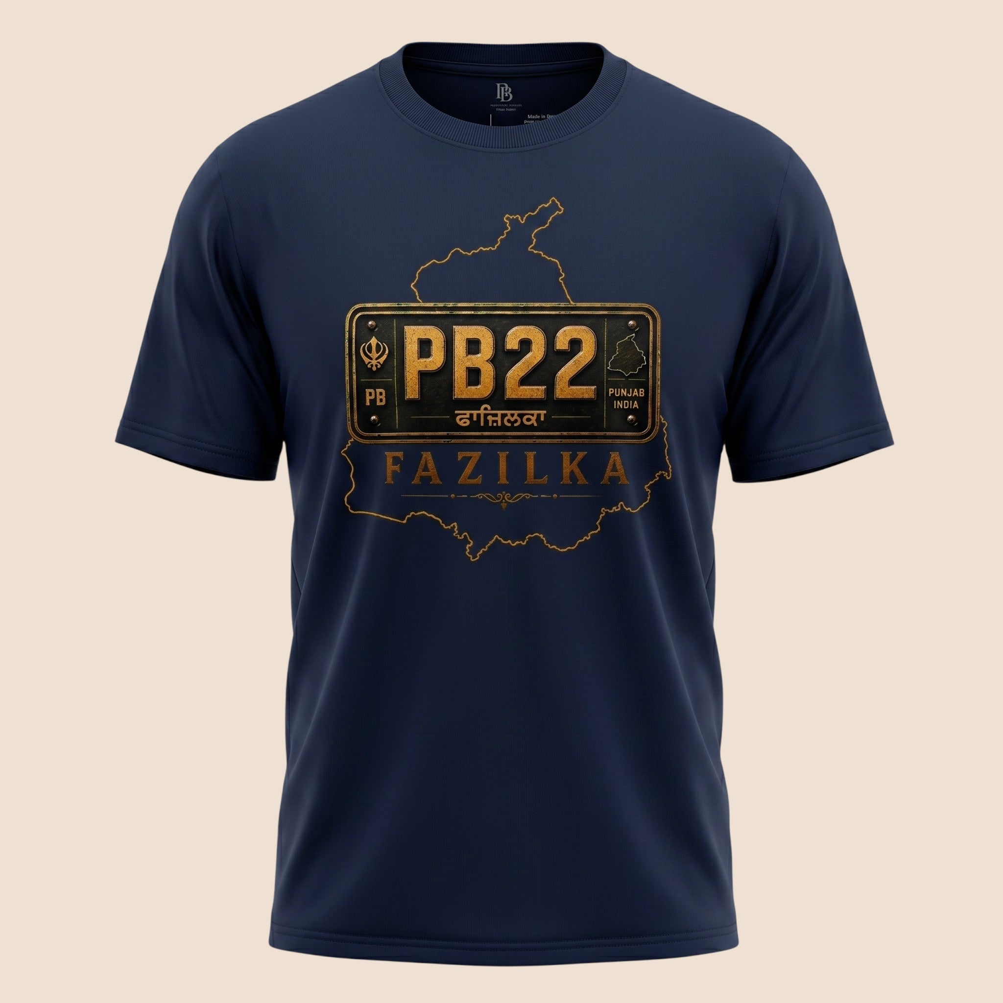 PUNJAB BOLDA navy blue unisex classic tee featuring a gold PB22 Fazilka district license plate graphic design.