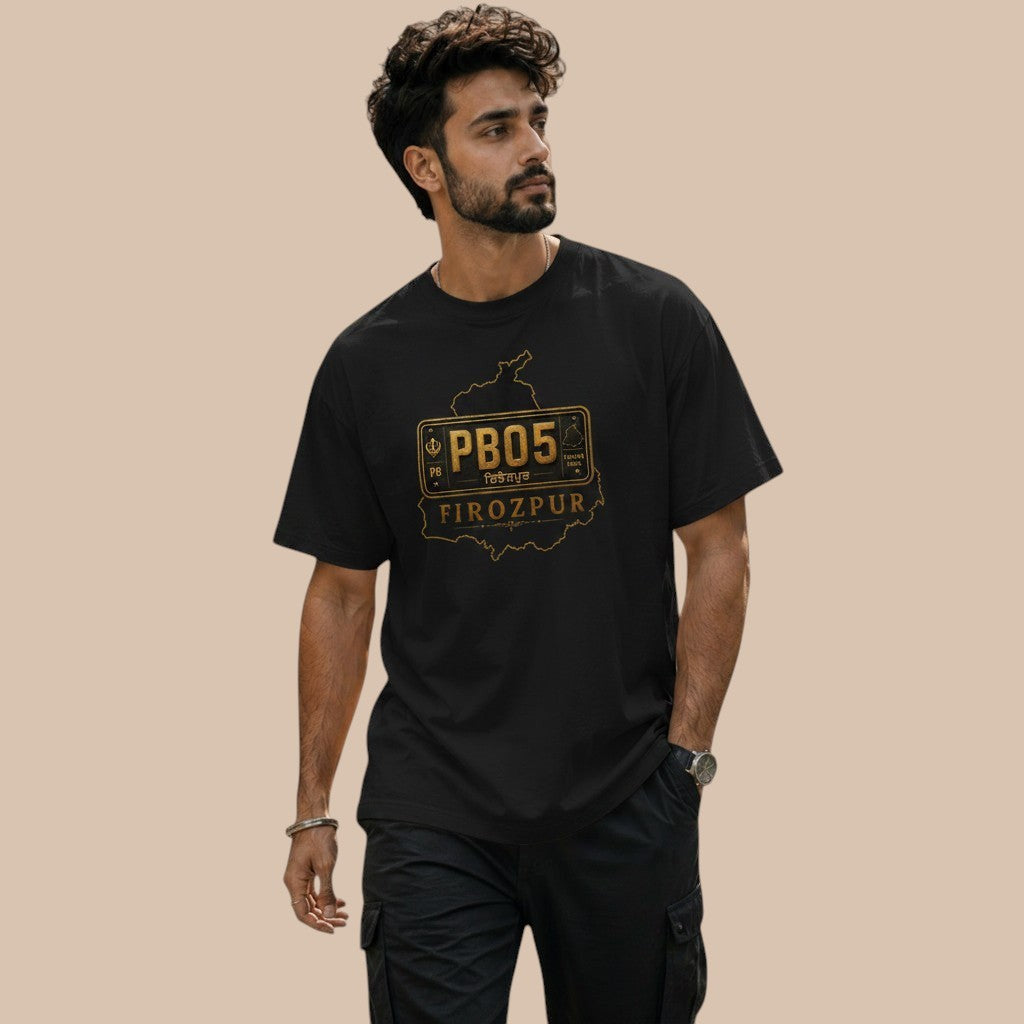 PUNJAB BOLDA black unisex classic tee with a gold Firozpur district map graphic and PB05 license plate design.