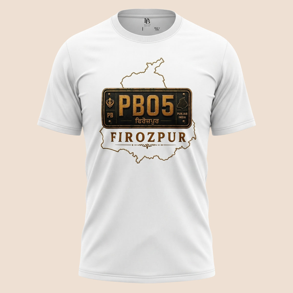 PUNJAB BOLDA white unisex classic tee featuring a Firozpur PB05 district license plate graphic and map outline.