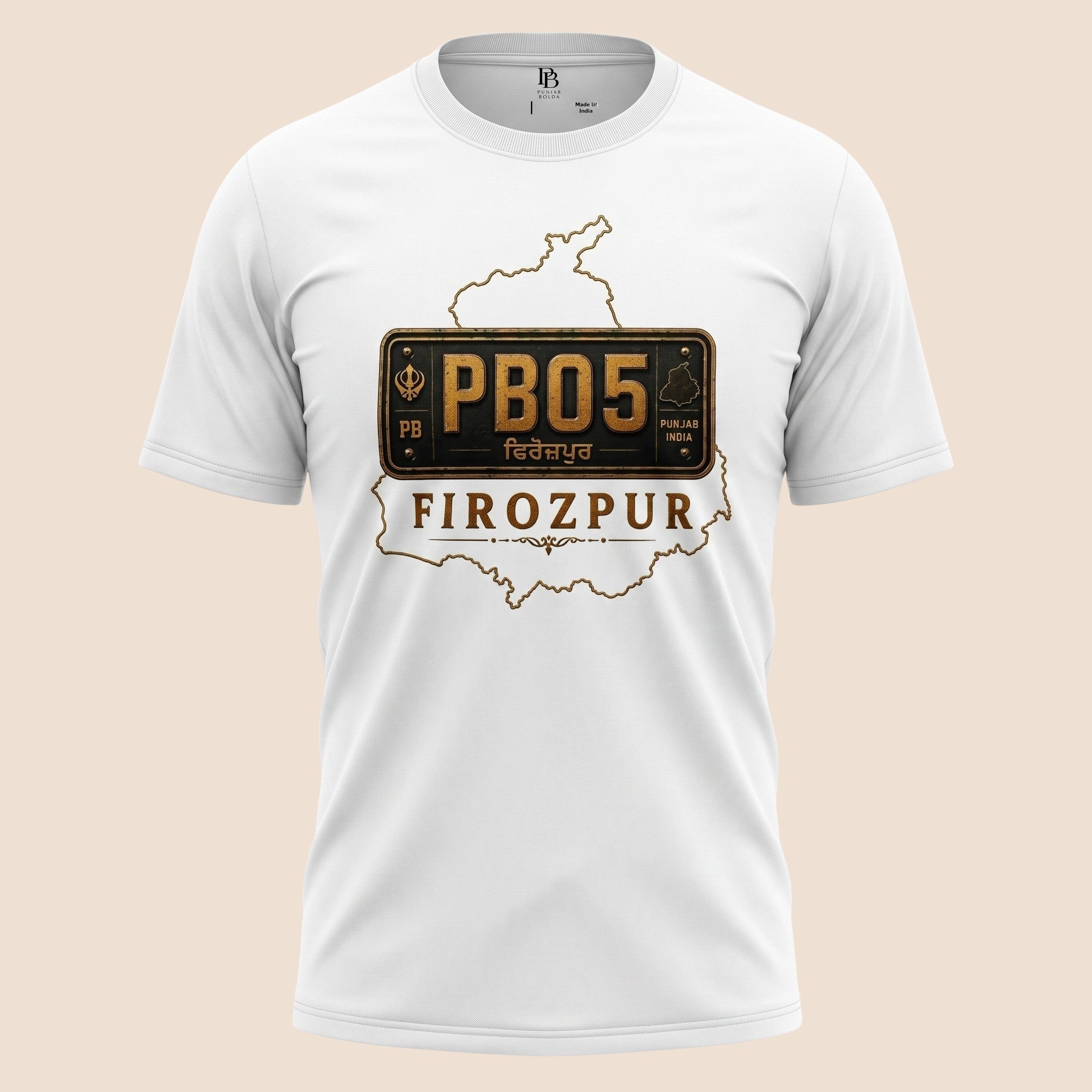 PUNJAB BOLDA white unisex classic tee featuring a Firozpur PB05 district license plate graphic and map outline.